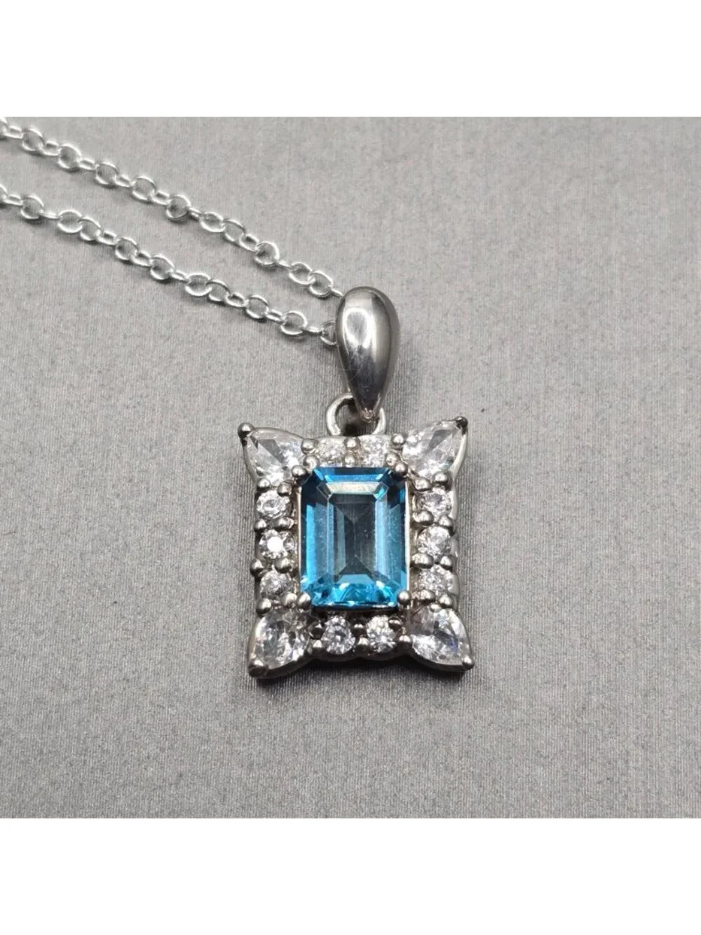 Edwardian Revival Sterling Silver Blue Topaz Pendant Necklace Emerald Cut 925 - Picture 4 of 15